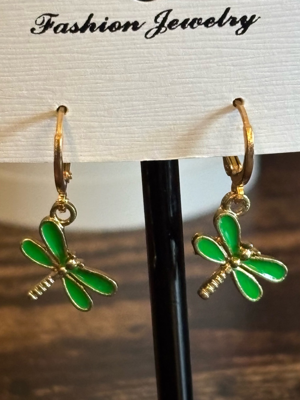 Gold-Tone‎ Dragonfly Earrings with Green Enamel